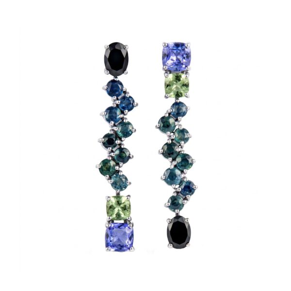 Orecchini in Oro Bianco 18k con Onice Nero 2,74 ct, Zaffiro Multicolore 4,27 ct, Tormalina Verde 1,12 ct, Tanzanite 1,76 ct