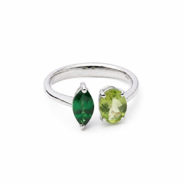 Anello in Oro Bianco 18k con Tsavorite 0,68 ct e Olivina 1,04 ct