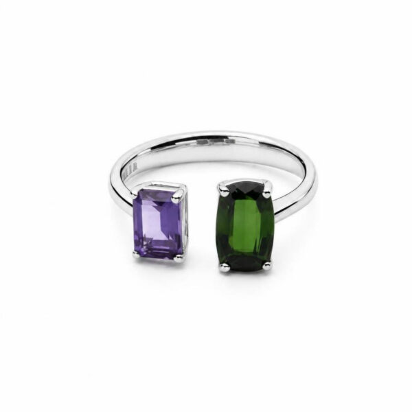 Anello in Oro Bianco 18k  con Tormalina 1,48 ct e Ametista 0,70 ct