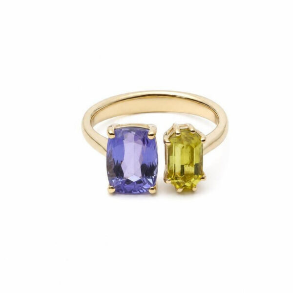 Anello in Oro Giallo 18k con Tormalina dello Zambia 1,42 ct e Tanzanite 2,86 ct