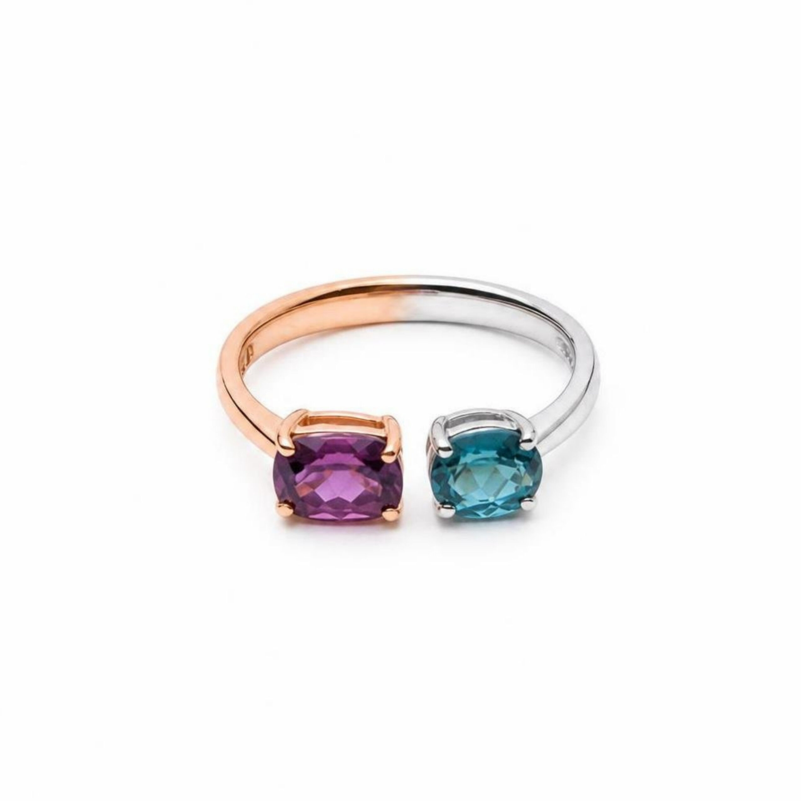 Anello in Oro Bianco 18k e Oro Rosa 18k con Tormalina Indicolite 0,66 ct e Rodolite 1,26 ct
