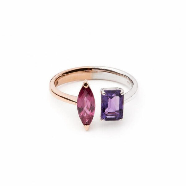 Anello in Oro Bianco e Rosa 18k con Rubino 1,06 ct e Ametista 0,92 ct
