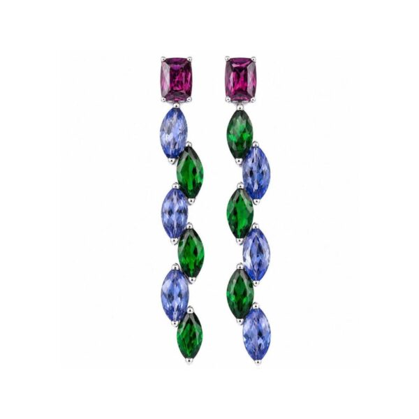 Orecchini in Oro Bianco 18k con Rodolite 2,09 ct, Tsavorite 3,77 ct, Tanzanite 4,94 ct