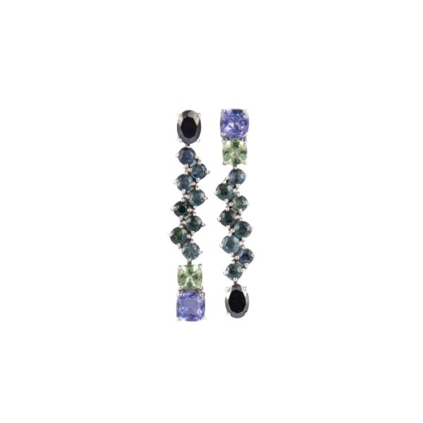 Orecchini in Oro Bianco 18k con Onice Nero 2,74 ct, Zaffiro Multicolore 4,27 ct, Tormalina Verde 1,12 ct, Tanzanite 1,76 ct