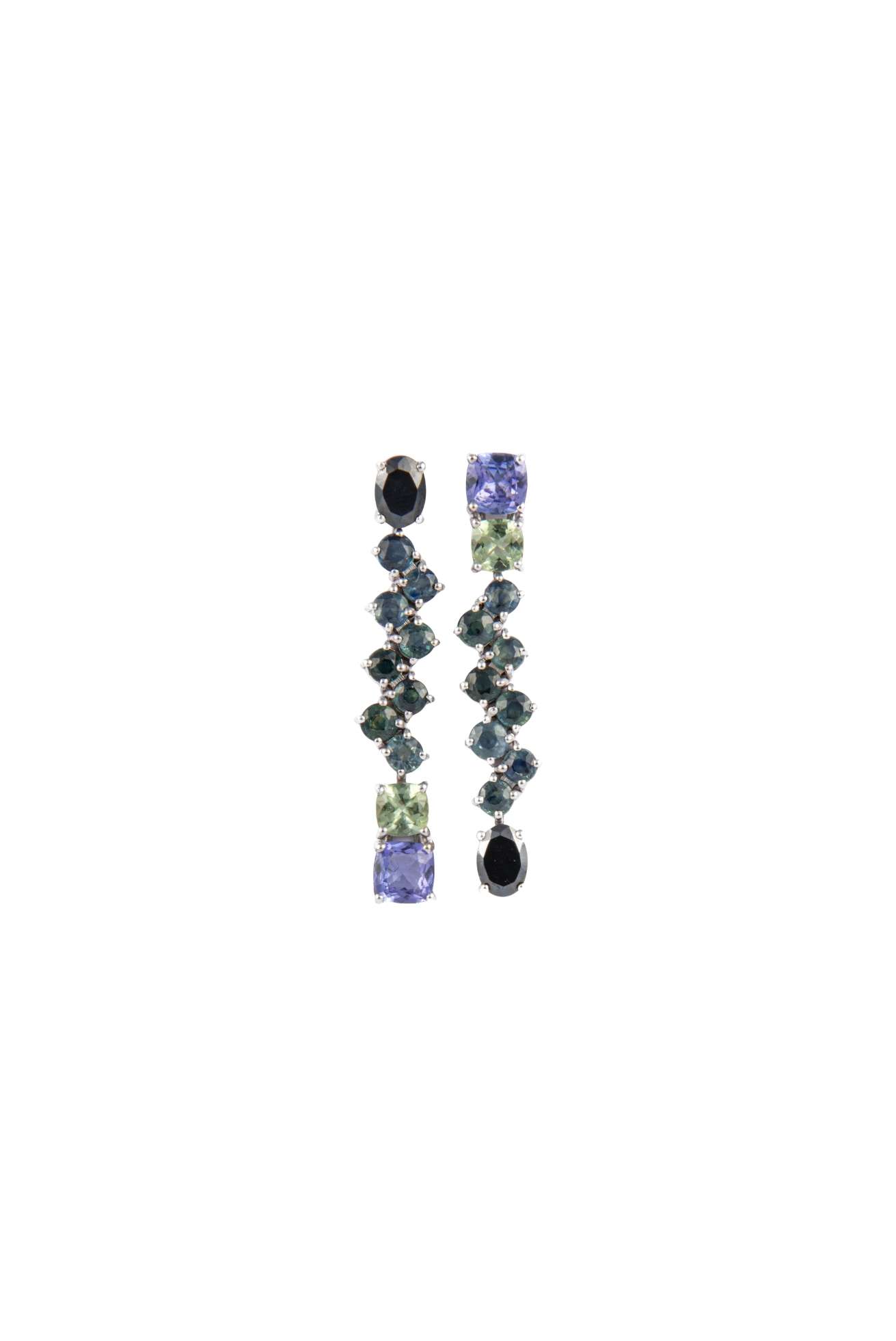 Orecchini in Oro Bianco 18k con Onice Nero 2,74 ct, Zaffiro Multicolore 4,27 ct, Tormalina Verde 1,12 ct, Tanzanite 1,76 ct