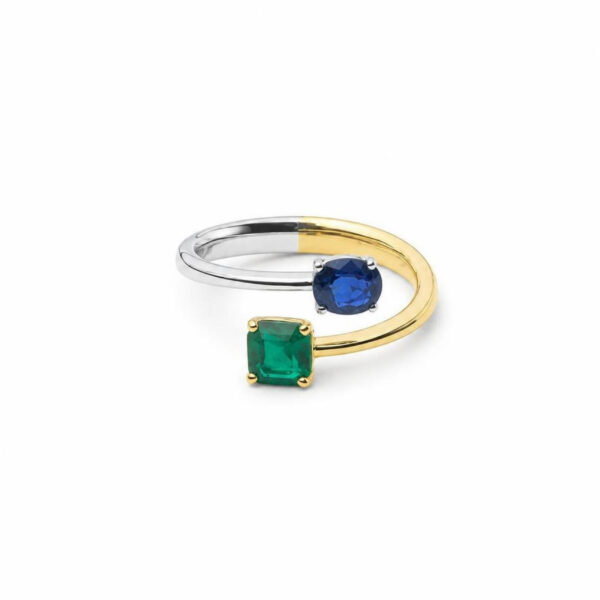 Anello in Oro Bianco e Oro Giallo 18k con Dioptasio 0,73 ct e Zaffiro 0,6 ct
