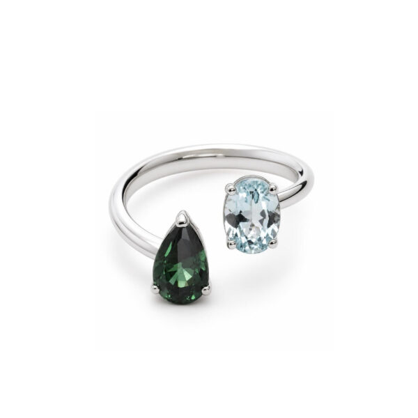 Anello in Oro Bianco 18k con Acquamarina 0,64 ct e Zaffiro Multicolore 1,26