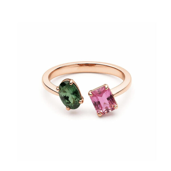 Anello in Oro Rosa 18k con Tormalina Rosa 0,88 ct e Tormalina Verde 0,52 ct
