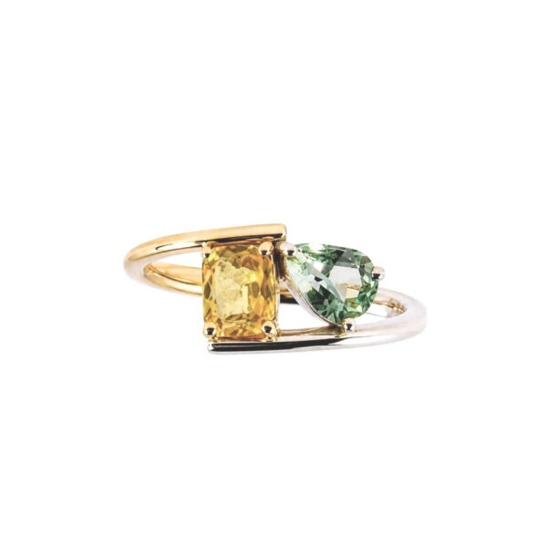 Anello in Oro Bianco e Oro Giallo 18k con Tormalina 0,72 ct e Zaffiro 0,80 ct