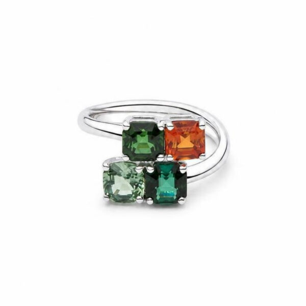 Anello in Oro Bianco 18k con Zaffiro Arancione 0,96 ct, Tormalina 1,81 ct e Zaffiro Verde 0,89 ct