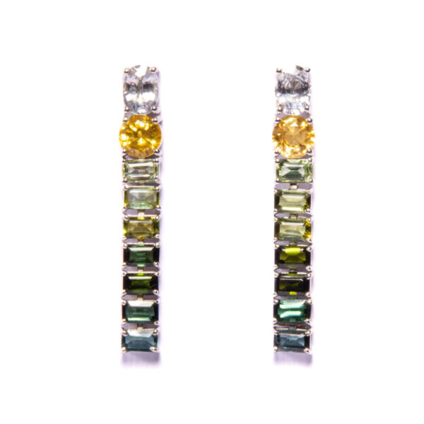 Orecchini in Oro Bianco 9k con Zaffiro Bianco 1,88 ct, Zaffiro Giallo 2,18 ct e Tormalina 4,57 ct
