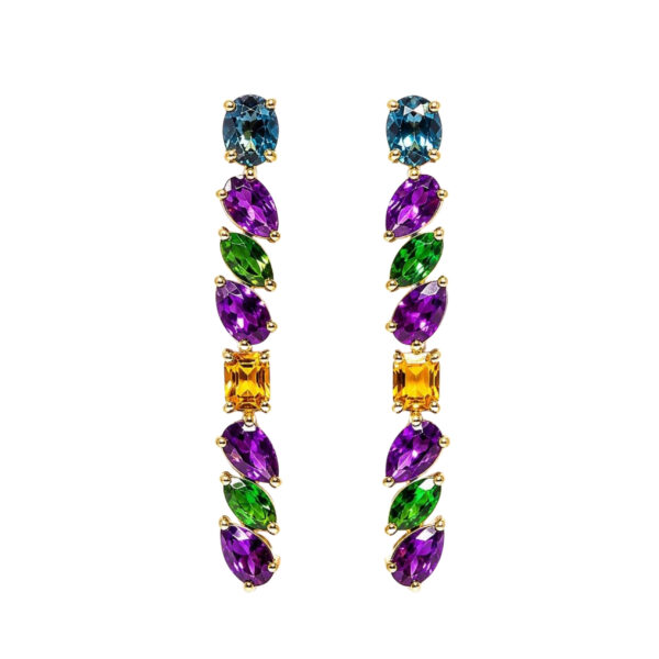 Orecchini in Oro Giallo 9k con Topazio Blu London 2,63 ct, Ametista 5,95 ct, Tsavorite 1,96 ct e Zaffiri Gialli 1,59 ct