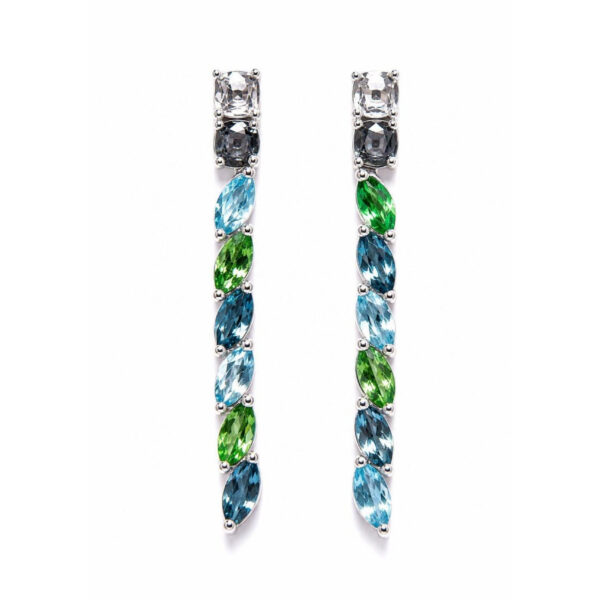 Orecchini in Oro Bianco 9k con Spinelli Bianchi e Neri 2,55 ct, Tsavorite 1,9 ct, Topazio Blu London 2,5 ct e Topazio Swiss 2,6 ct