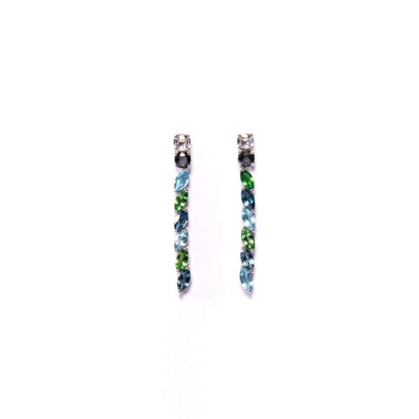 Orecchini in Oro Bianco 9k con Spinelli Bianchi e Neri 2,55 ct, Tsavorite 1,9 ct, Topazio Blu London 2,5 ct e Topazio Swiss 2,6 ct