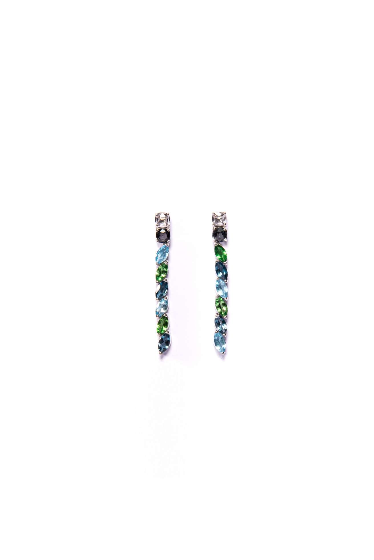 Orecchini in Oro Bianco 9k con Spinelli Bianchi e Neri 2,55 ct, Tsavorite 1,9 ct, Topazio Blu London 2,5 ct e Topazio Swiss 2,6 ct