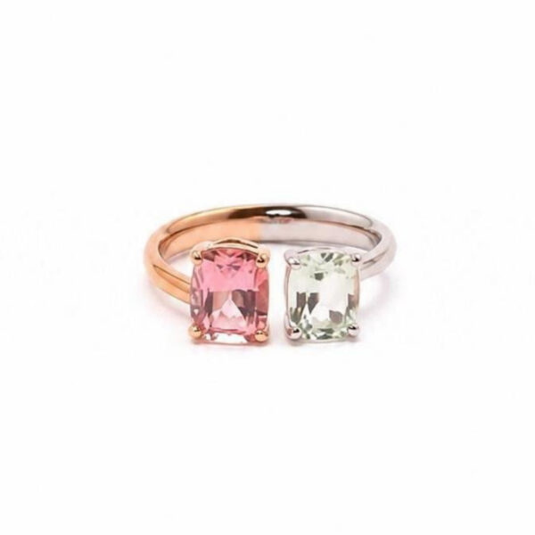 Anello in Oro Bianco e Oro Rosa 18k con Acquamarina 1,16ct e Tormalina 1,56ct