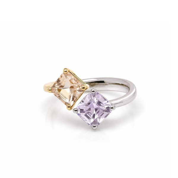 Anello in Oro Bianco e Oro Giallo 18k con Kunzite 1,56ct e Tormalina 1,17ct