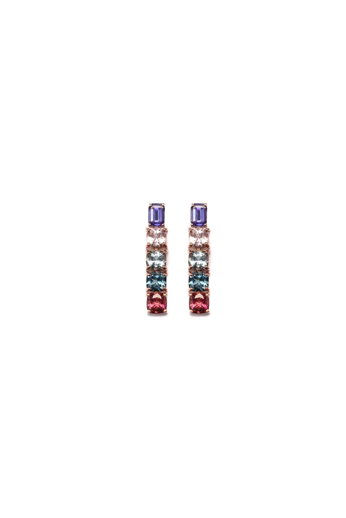 Orecchini in Oro Rosa 9k Tanzanite 1,75ct Morganite 1,62ct Acquamarina 2ct Topazio 2,1ct Tormalina 2,55ct