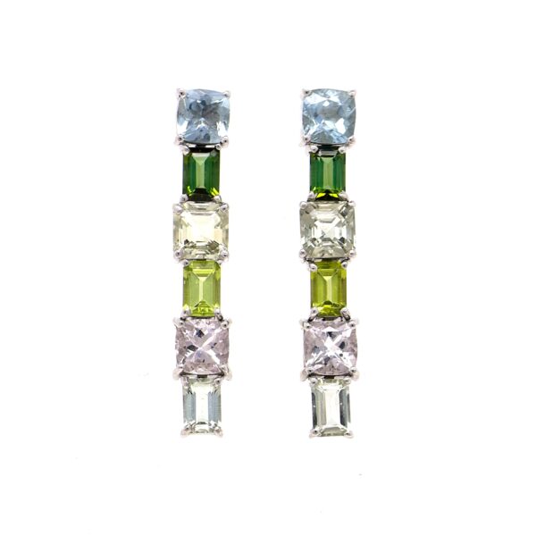 Orecchini in Oro Bianco 9k con Acquamarina 1,78ct Tormalina 5,25ct, Peridoto 1,33ct e Morganite 1,83ct