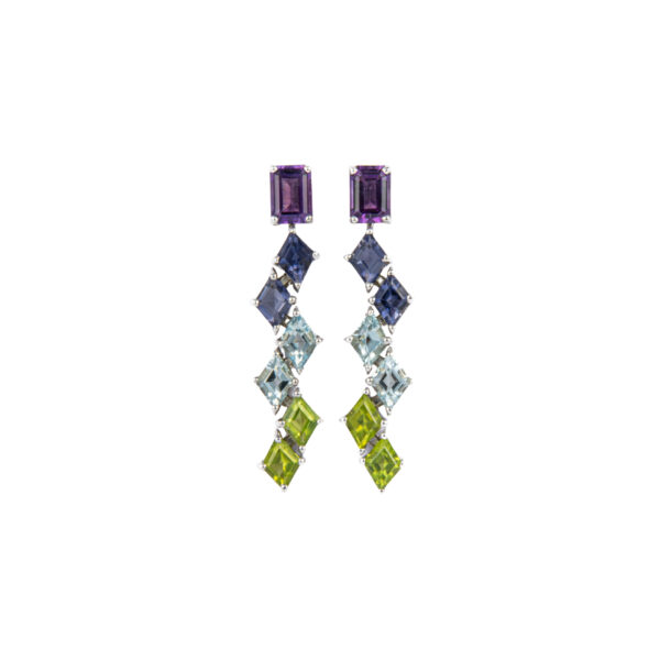 Orecchini in Oro Bianco 9k con Ametista 1,65 ct, Iolite 1,40 ct Acquamarina 1,53 ct e Peridoto 1,76 ct