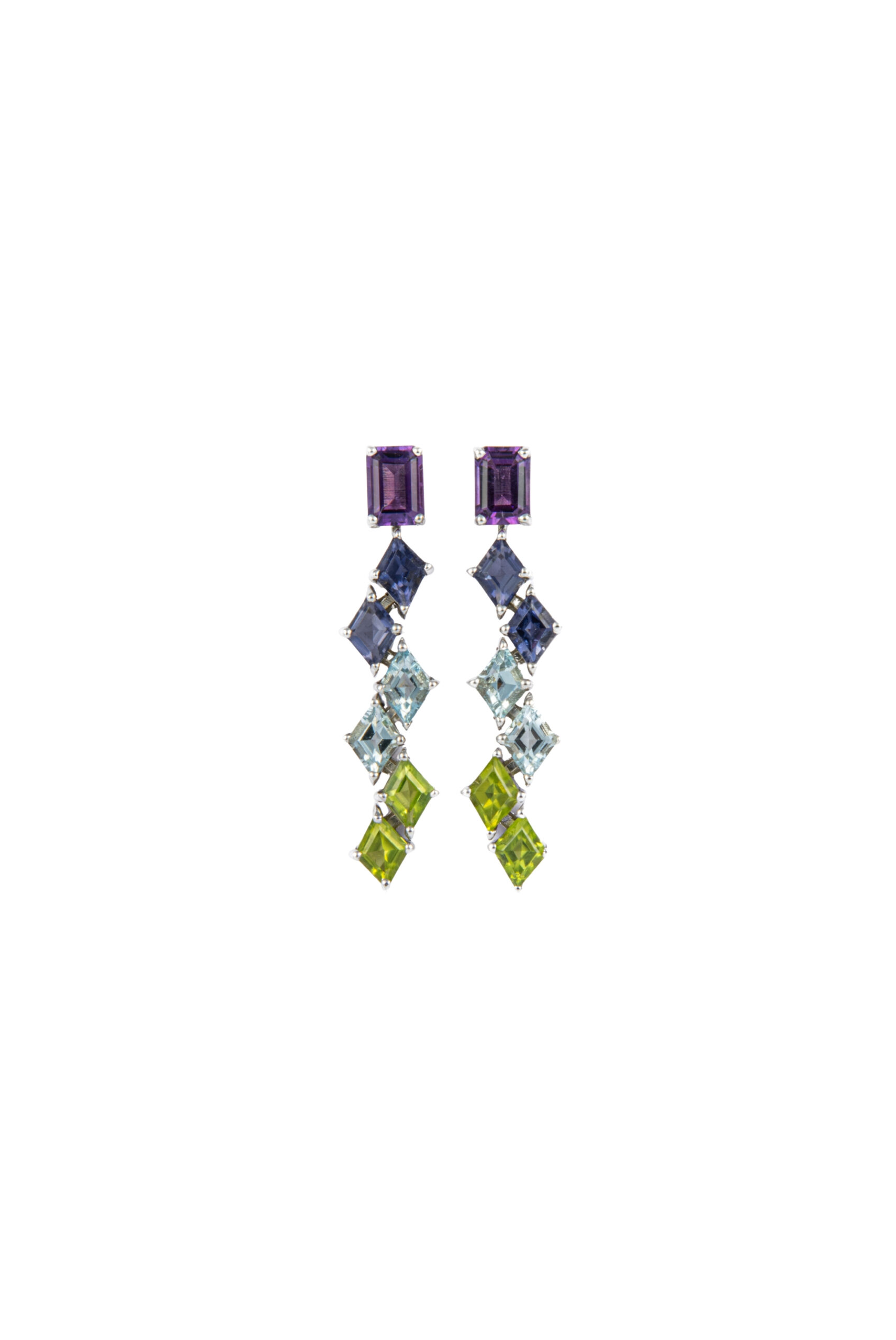 Orecchini in Oro Bianco 9k con Ametista 1,65 ct, Iolite 1,40 ct Acquamarina 1,53 ct e Peridoto 1,76 ct