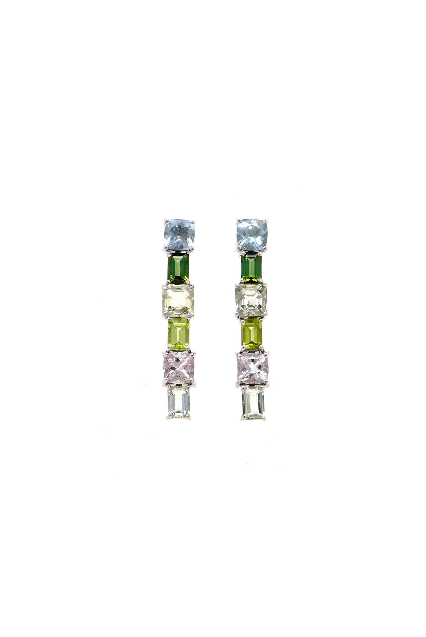 Orecchini in Oro Bianco 9k con Acquamarina 1,78ct Tormalina 5,25ct, Peridoto 1,33ct e Morganite 1,83ct